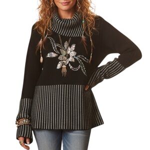 Boho Black Stripe Cowl Neck Sweater with Sequin Floral Design Medium